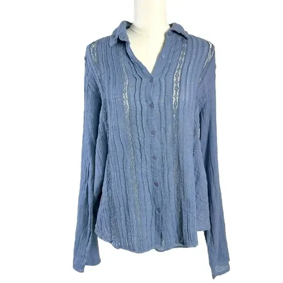 Free People FP One Mila Shirt Blue Ethereal Dainty Romantic Lace Gauze Medium